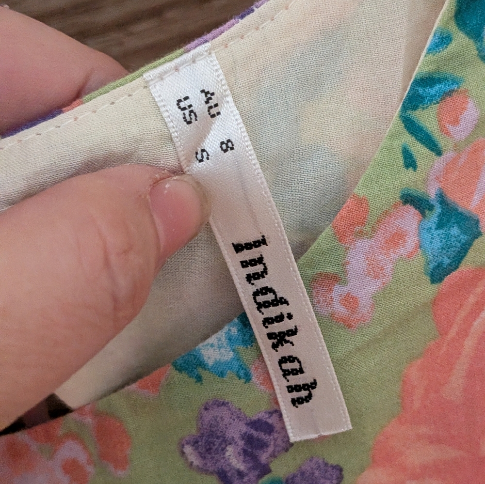 Indikah Floral Ruffle Tiered Open Back Mini Dress Pink Green Cottagecore Size 4 - Picture 8 of 8